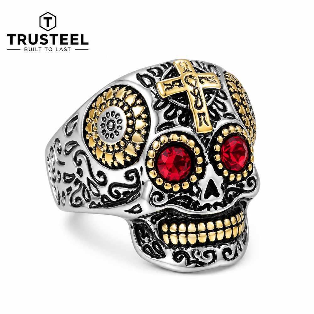 316L Stainless Steel Sugar Skull Ring Red CZ Cross Gothic Biker Men’s Size 10